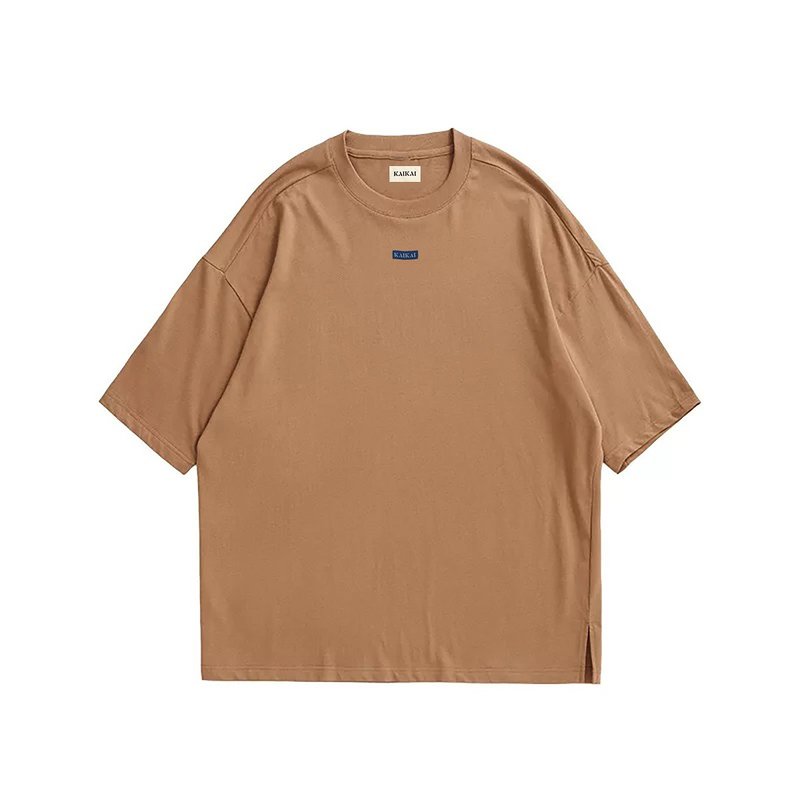 KAIKAI 宽松五分袖logo落肩T - 驼色 - 男装上衣/T 恤 - 棉．麻 橘色