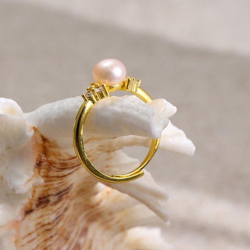 5-6mm 粉色淡水珍珠开口戒指 CZ金色戒指 - 戒指 - 珍珠 粉红色
