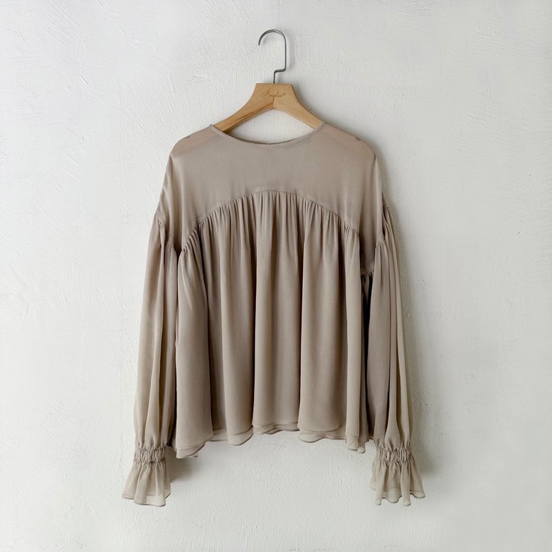订制系列-圆领双层纱抽皱上衣(杏色) - 女装上衣 - 其他材质 卡其色