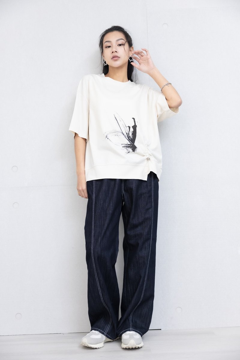 黑色泼画五分上衣 白色 - 女装 T 恤 - 其他材质 白色