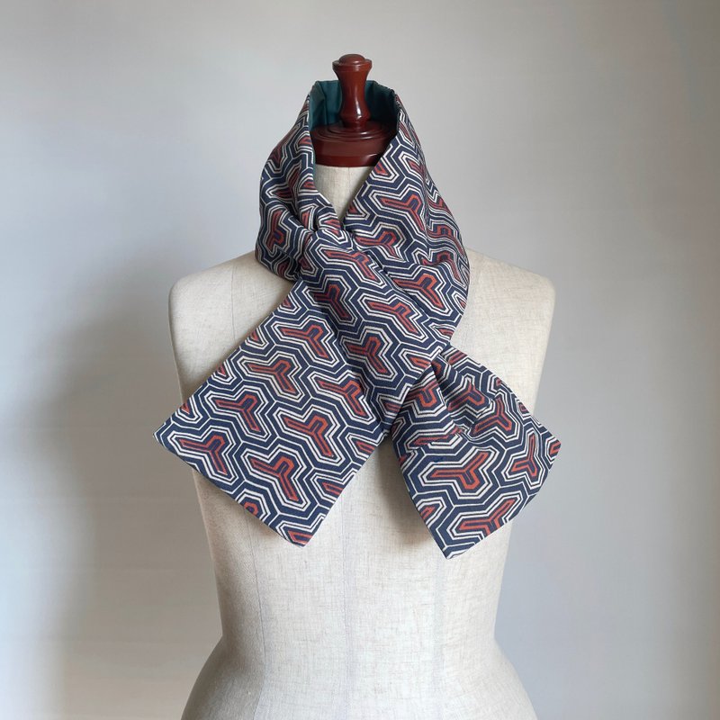 【独一无二】和服古布围脖 颈圈 - 羊毛混纺深紫灰纹与深蓝纯棉 - 围巾/披肩 - 丝．绢 蓝色