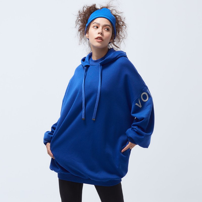 全程台湾制-刷毛logo连帽长版上衣-滨海蓝 - 中性连帽卫衣/T 恤 - 聚酯纤维 蓝色