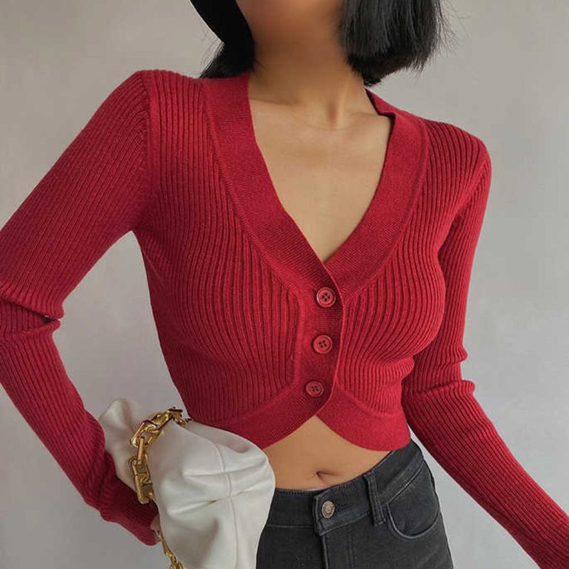 Red Button Long Sleeve Y2K Top - 女装上衣 - 聚酯纤维 红色