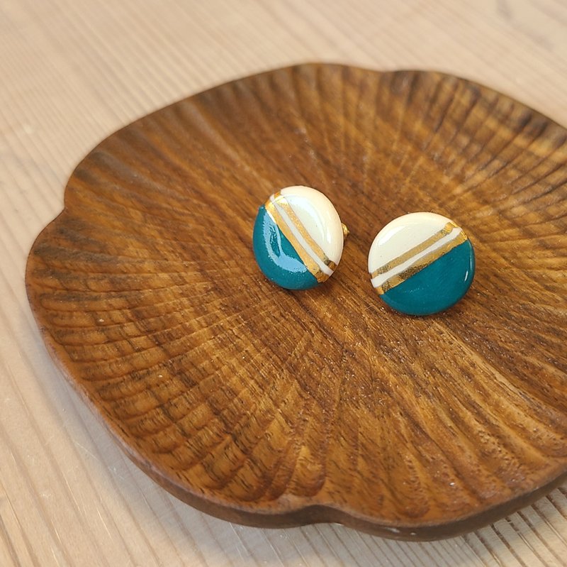 24K纯鎏金绿色釉彩耳环No.3(大圆形) - 耳环/耳夹 - 瓷 绿色