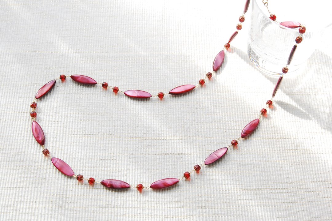 Czech beads and marquis shell red necklace 14kgf - 项链 - 贝壳 红色