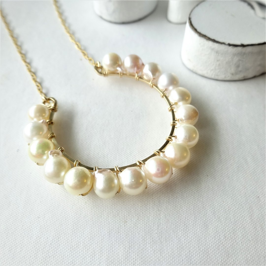 14kgf*Japanese Akoya sea pearl horseshoe necklace - 项链 - 宝石 白色