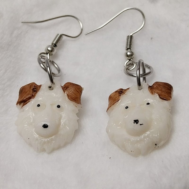 耳环 狗狗耳环 红白配色 手工制作 - 耳环/耳夹 - 粘土 白色