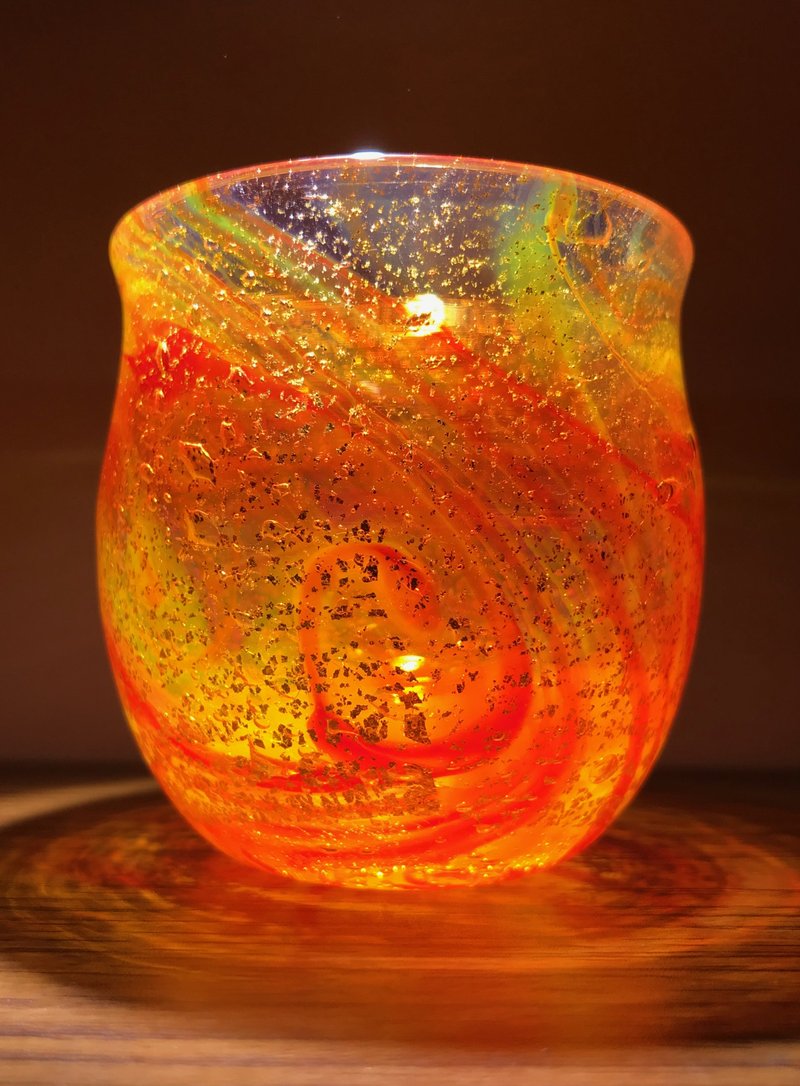 Sun kneaded sake cup Sake set with wooden box Hemp charcoal glass - 酒杯/酒器 - 玻璃 橘色