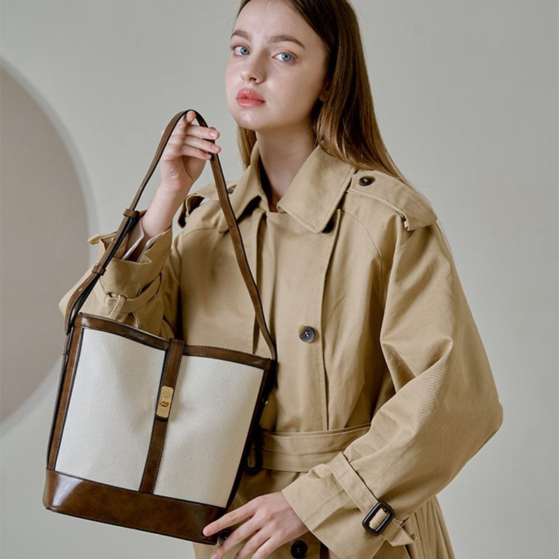 韩国KIMMY BAG | 帆布/灰褐色 | 大容量 手袋 单肩包 水桶包 - 侧背包/斜挎包 - 人造皮革 咖啡色