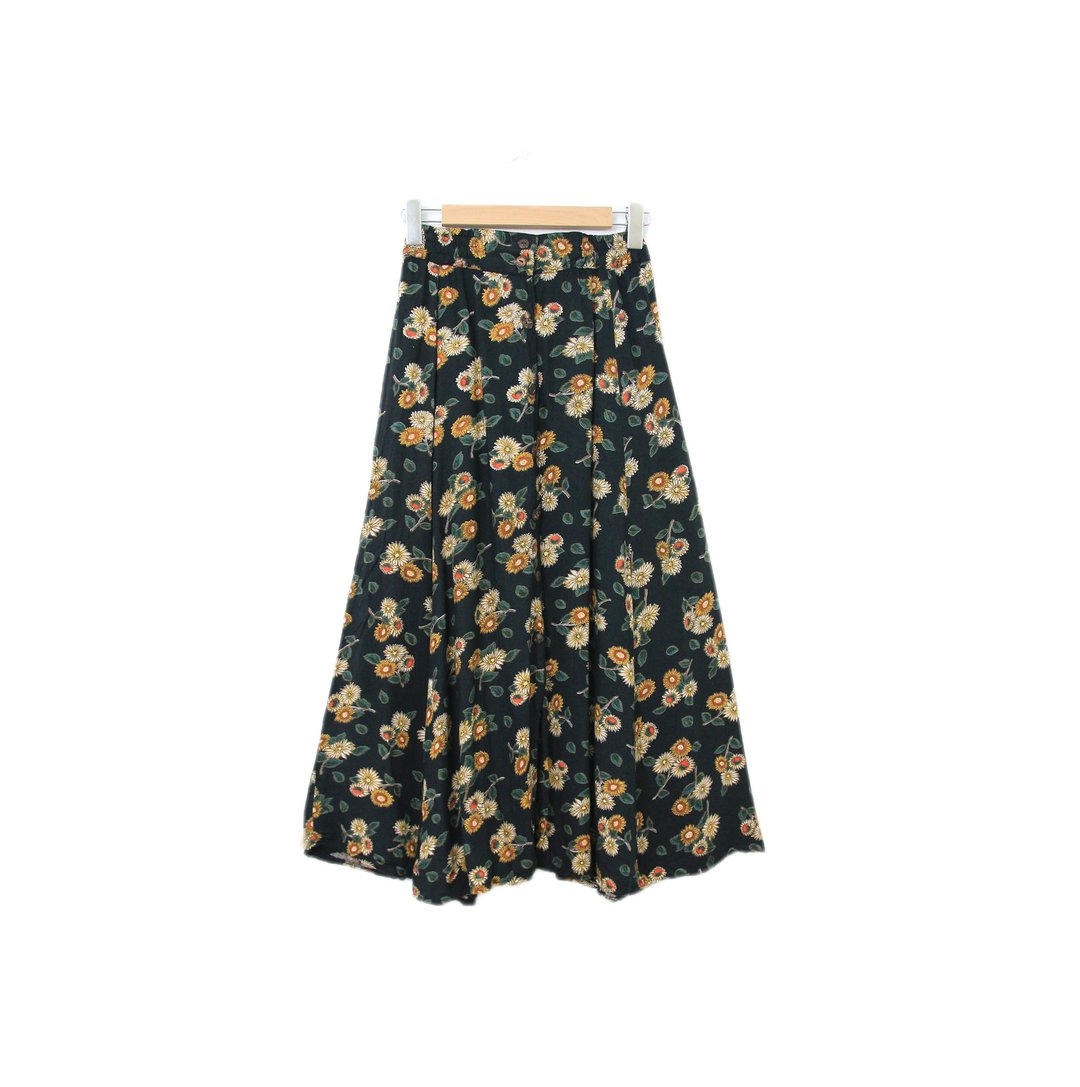 Back to Green-复古长裙 黑底太阳花 伞状裙M-13//vintage skirt - 裙子 - 棉 