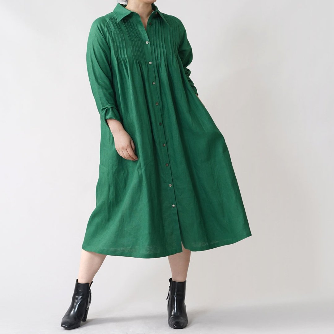 wafu - Midweight Linen Front Open Shirt Dress / Shamrock a081j-fgn2 - 洋装/连衣裙 - 亚麻 绿色