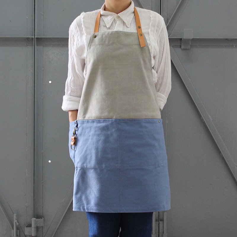 日常职人工作服手工围裙 双色帆布 浅灰浅蓝 挂颈牛革皮带 - 其他 - 棉．麻 