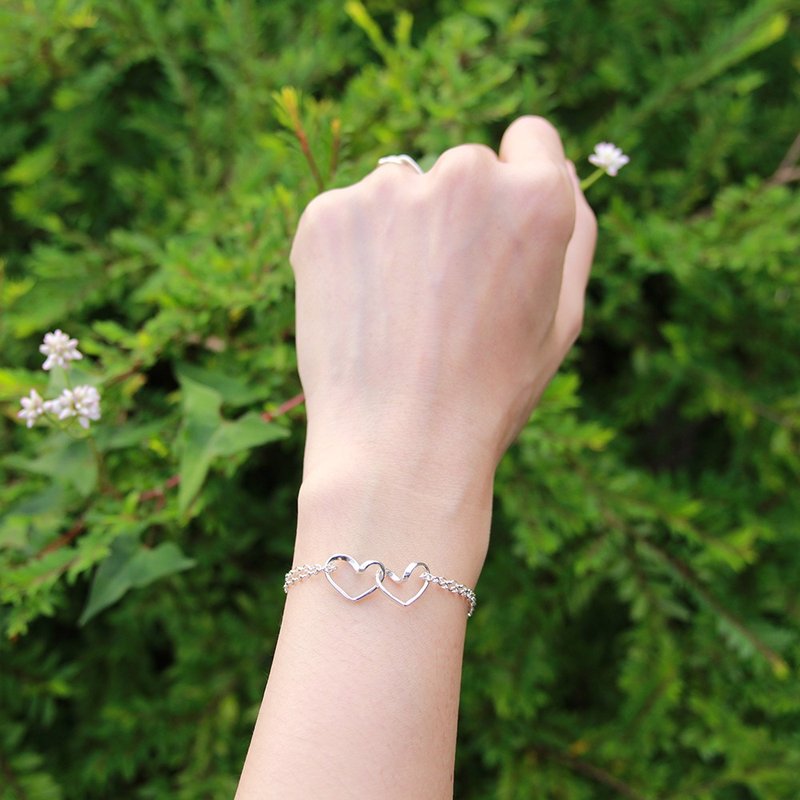 免费刻字【心心相印】双爱心手链/活动爱心/纯手工/原创设计 - 手链/手环 - 纯银 银色