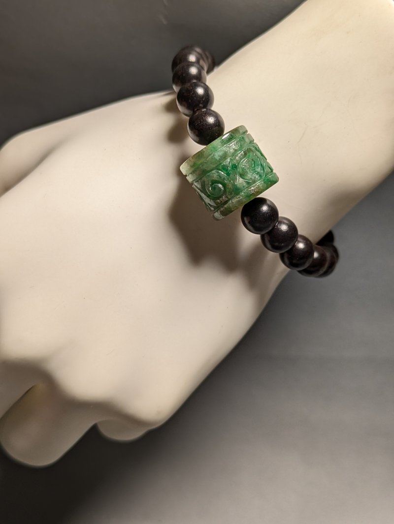 天然缅甸三彩大桶珠翡翠 檀木串珠 手工制 手链 - 手链/手环 - 其他材质 绿色