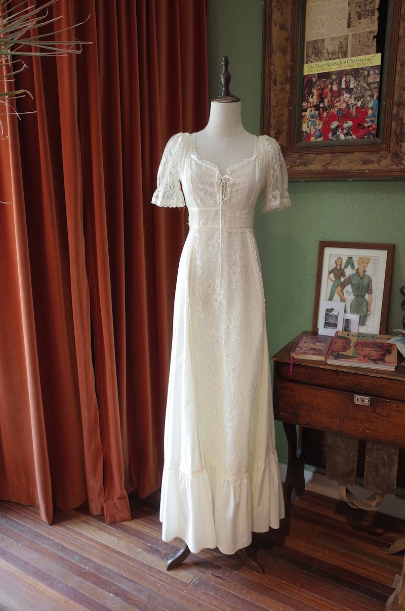 vintage dress白蕾丝气质晚装长裙古着洋裙 - 洋装/连衣裙 - 棉．麻 