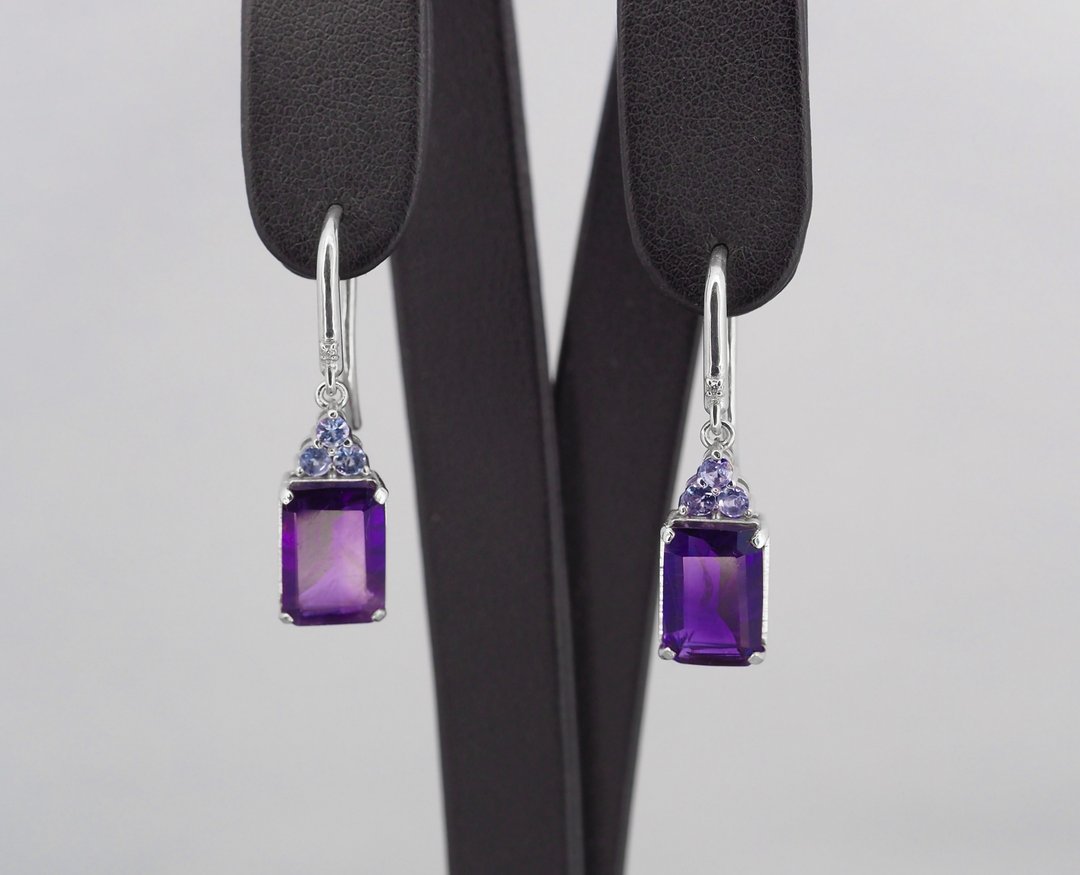 14 kt  gold earrings with central amethysts, tanzanites and diamonds - 耳环/耳夹 - 贵金属 橘色