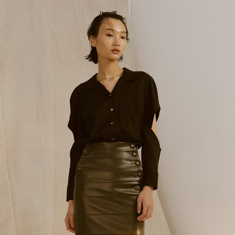 翻领肘开衩设计衬衫   /深邃黑 - 女装衬衫 - 其他材质 黑色