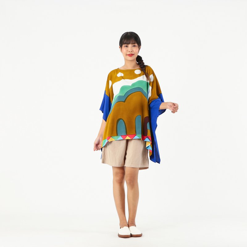 Poncho Blouse Cotton Silk Hand Painted for Summer resort - 女装上衣 - 棉．麻 咖啡色