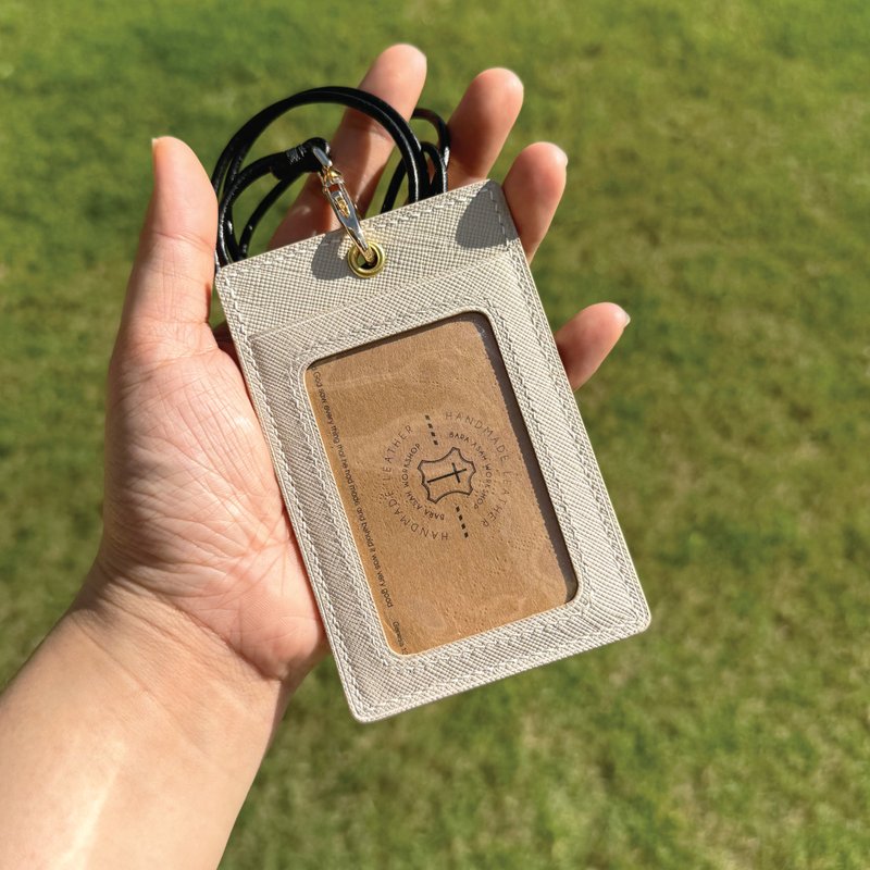 【职员证件套】白色十字纹牛皮/附真皮挂绳/手缝直式横式识别证 - 证件套/卡套 - 真皮 白色