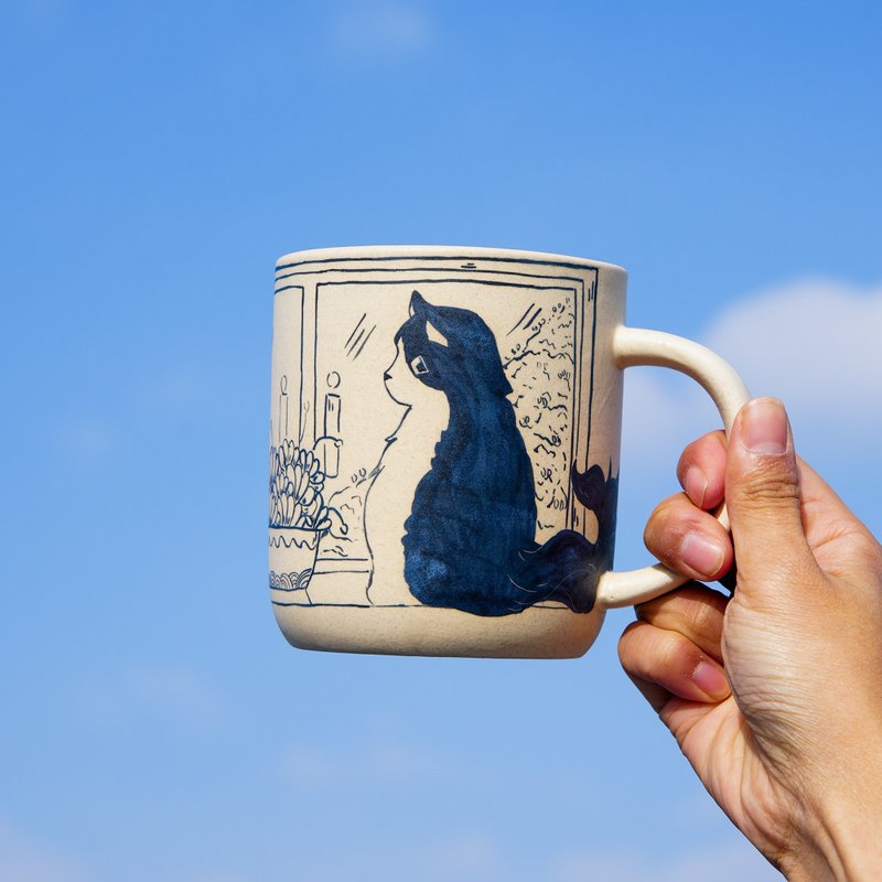陶瓷咖啡杯带 Cozy Home and Cat 17 盎司手工猫马克杯陶瓷杯 - 咖啡杯/马克杯 - 陶 金色