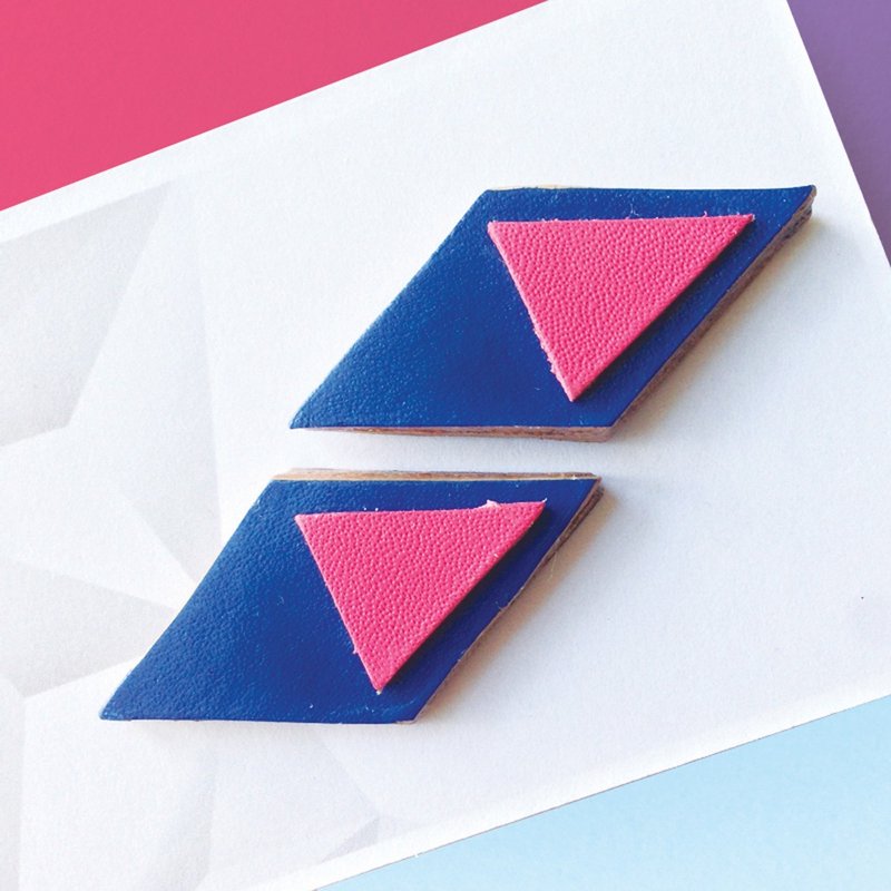 节日礼物 菱形玩味皮革耳环 925纯银耳托 - 耳环/耳夹 - 真皮 绿色