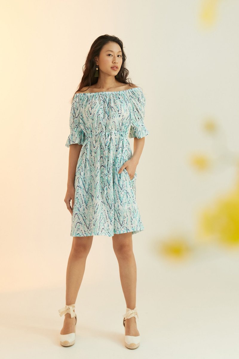 甜果子腰系带印花洋装(蓝) - 洋装/连衣裙 - 棉．麻 