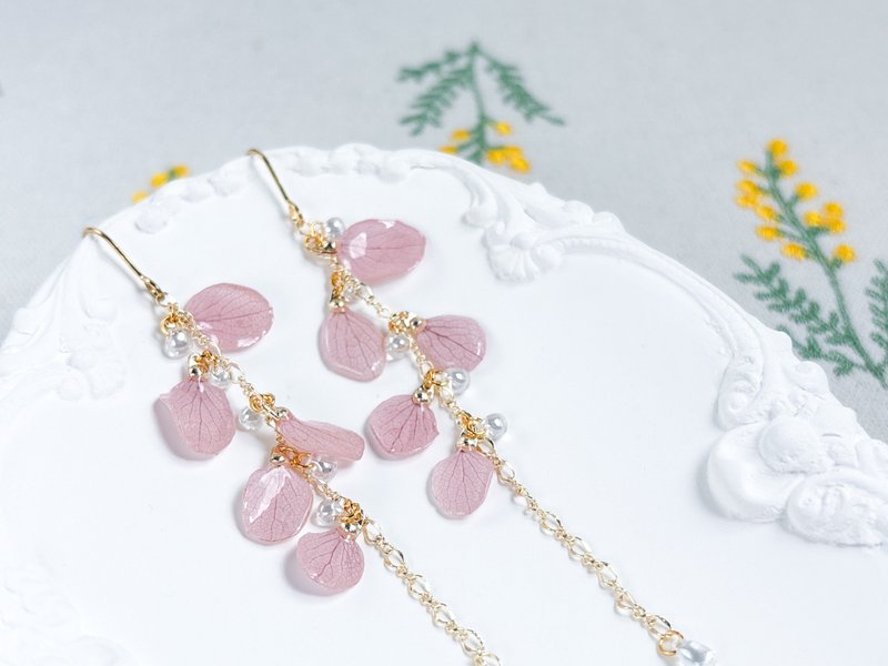 永生花-粉色流苏花瓣婚礼耳环/耳夹 - 耳环/耳夹 - 植物．花 粉红色