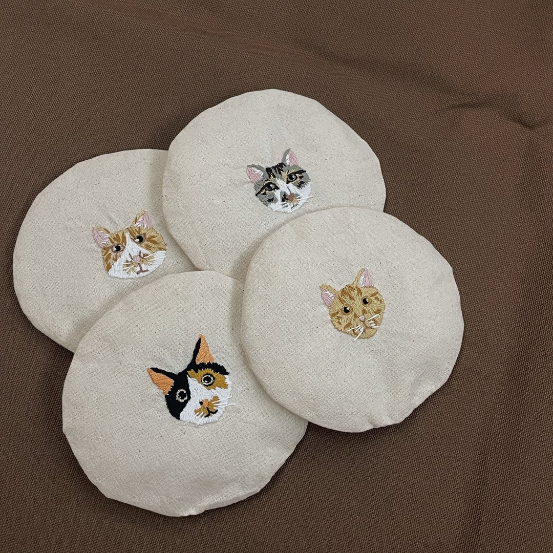 定制礼物 I 刺绣杯垫 刺绣猫咪杯垫 手工刺绣 定制刺绣图 - 订制画像 - 棉 多色