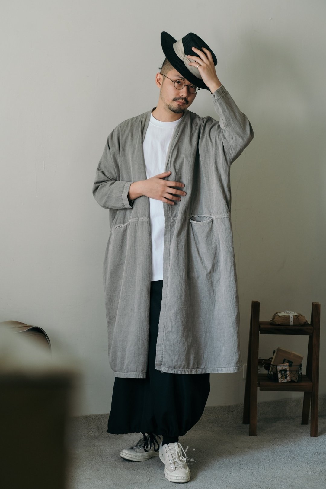 日式粗陶纹理长衫道袍外套 -3色 - 浅灰道袍 - 男装外套 - 棉 灰色