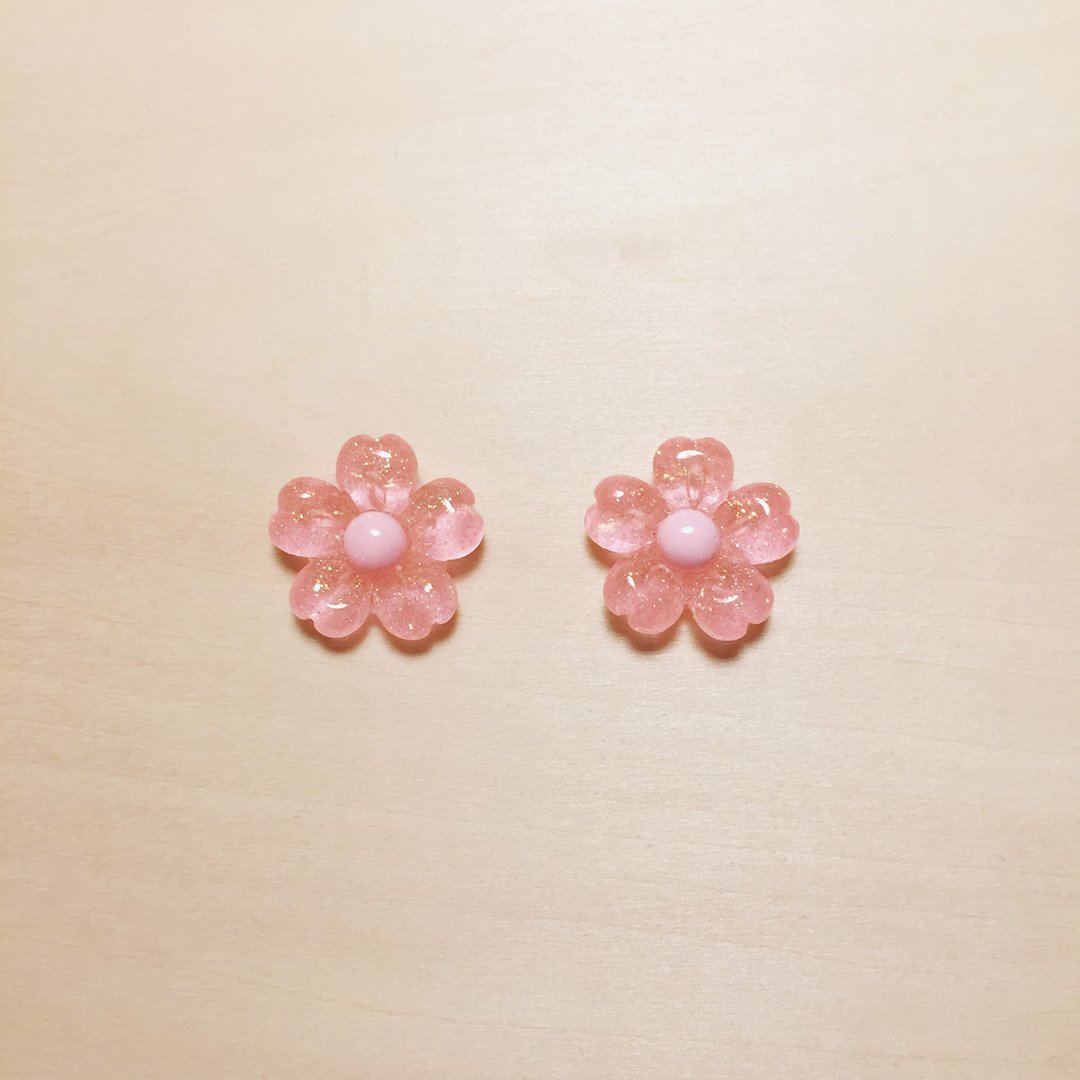 复古深粉亮粉樱花耳环 - 耳环/耳夹 - 树脂 粉红色