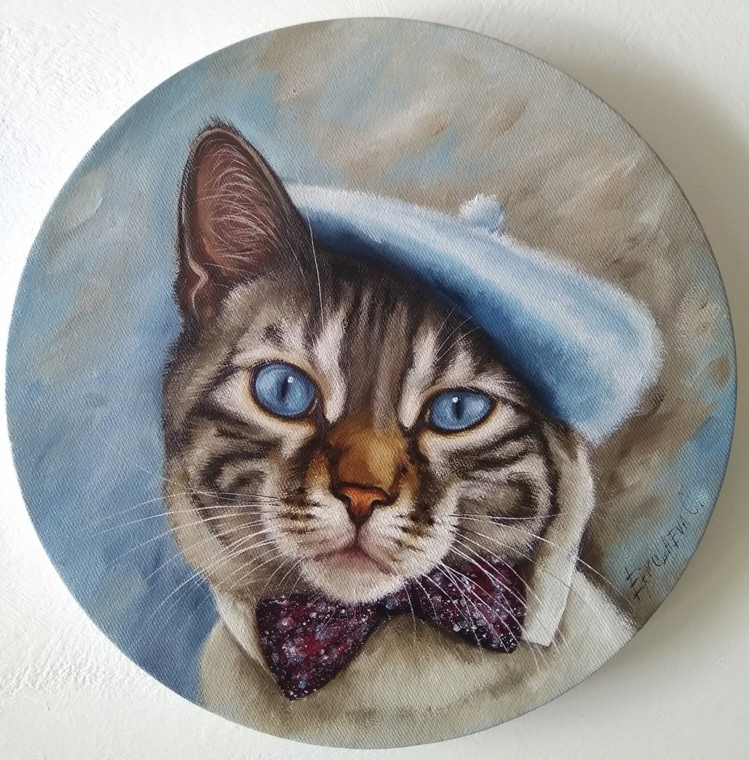 戴蓝色贝雷帽的猫油画猫肖像 - 墙贴/壁贴 - 其他材质 蓝色