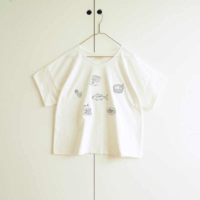 /洽图洽直送/ 食材花纹刺绣 乳白色棉质 T 恤上衣 - 女装 T 恤 - 棉．麻 白色