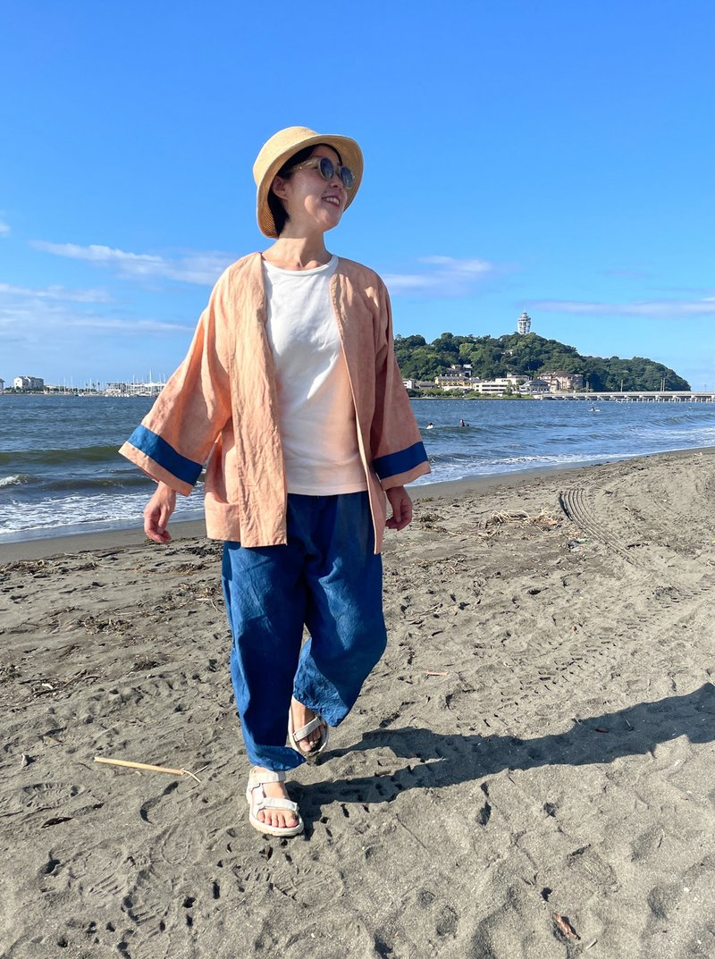 丝麻泥染开襟罩衫 蓝染 手染 Haori - 中性连帽卫衣/T 恤 - 棉．麻 蓝色