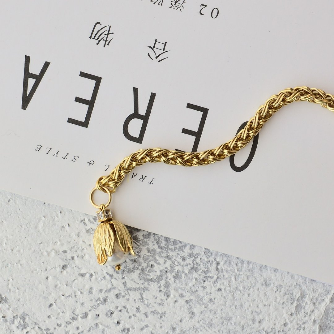 复古手工珍珠锆石黄铜手链 花苞 - 手链/手环 - 其他金属 金色