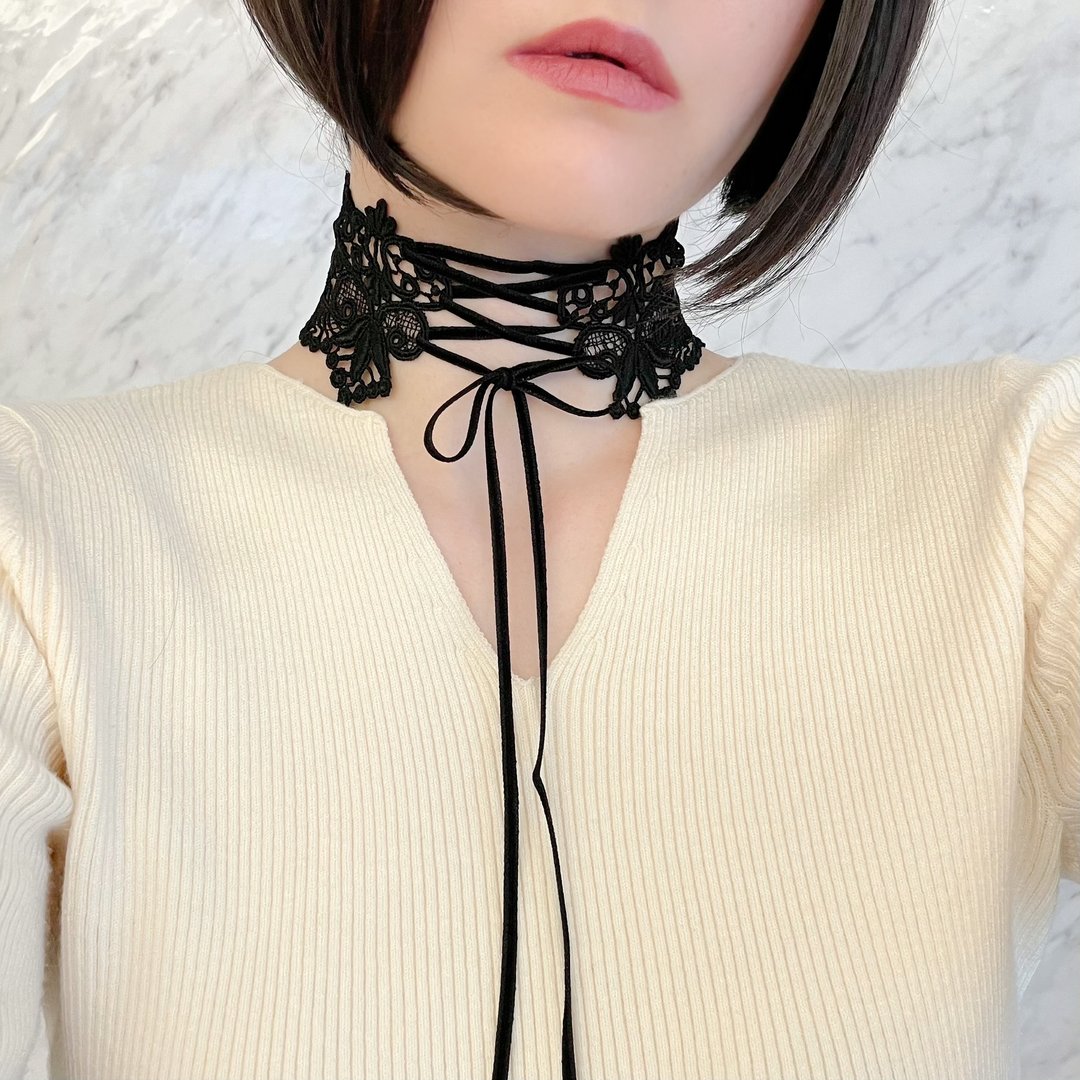 Queen of the Night / Black lace lace-up choker SV148 - 颈链 - 聚酯纤维 黑色