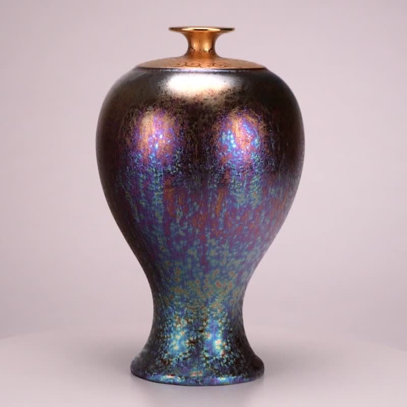 鎏金七彩琉璃结晶釉梅瓶 | 母亲节艺术花器礼盒推荐 - 花瓶/陶器 - 瓷 金色