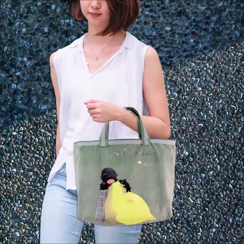 旅行收纳手提袋 横式小袋小米爬梯子款插画托特包 选绒仿麂皮帆布 - 手提包/手提袋 - 棉．麻 多色