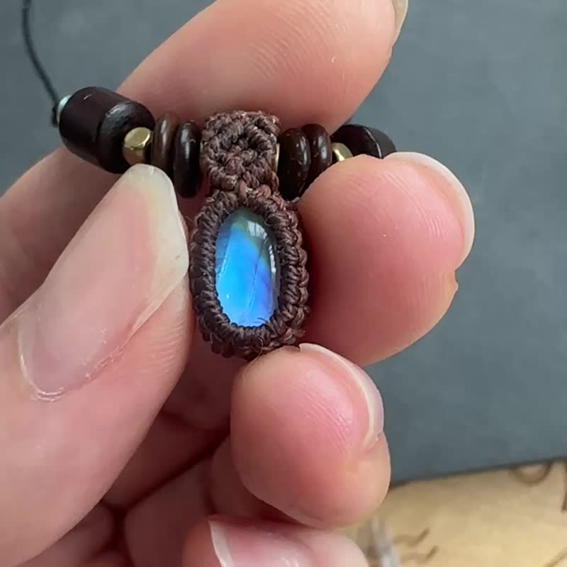 N1210 民族风 蜡线编织 月亮石 铜珠 颈链 (可调长度) - 项链 - 宝石 咖啡色