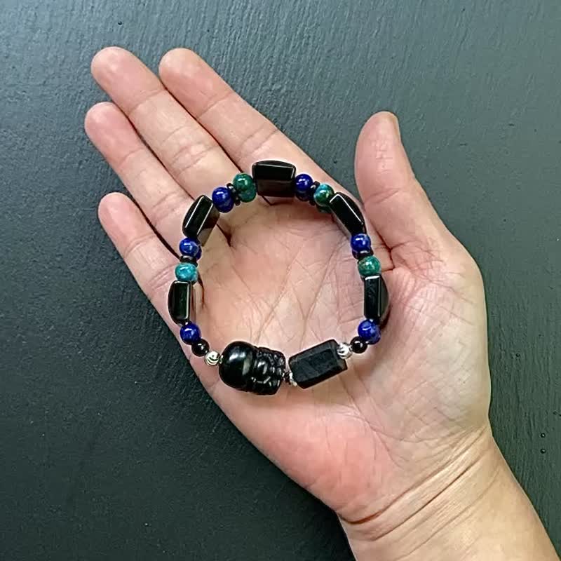 黑曜石 黑碧玺 青金石 美国松 黑檀木 黑曜石貔貅 925纯银手链 - 手链/手环 - 水晶 多色