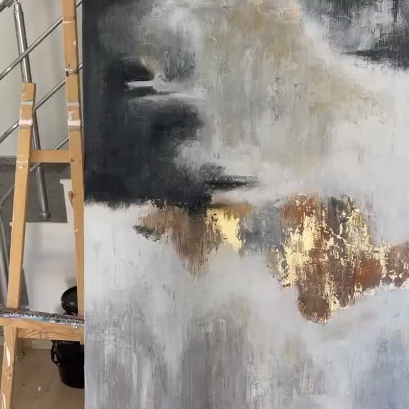 抽象油画黑白墙艺术金叶压克力艺术品 - 墙贴/壁贴 - 压克力 白色