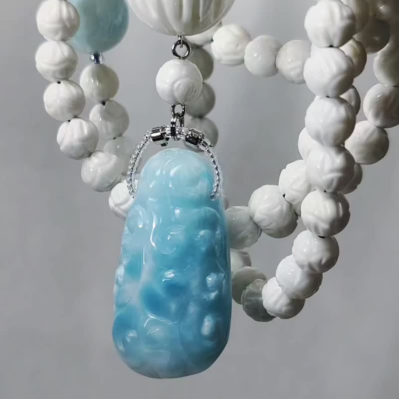 顶级拉利玛海纹石 如意 砗磲莲花 108手串念珠 7.5mm 单品 礼物 - 手链/手环 - 宝石 蓝色