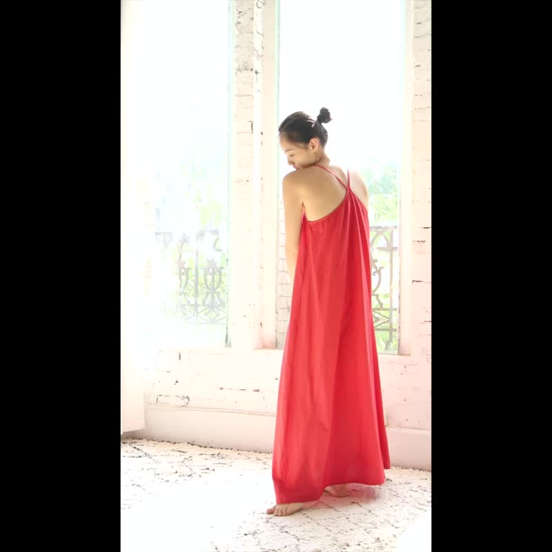 OMAKE Y背细肩带长洋装 亮橘红 - 洋装/连衣裙 - 棉 红色