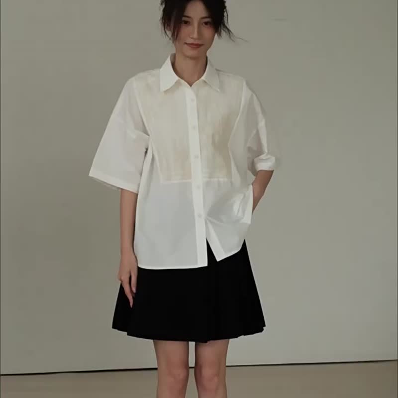 云峰白 燕归巢 新中式窗宕编织刺绣衬衫 夏日复古宽松透气衬衣 - 女装衬衫 - 棉 白色