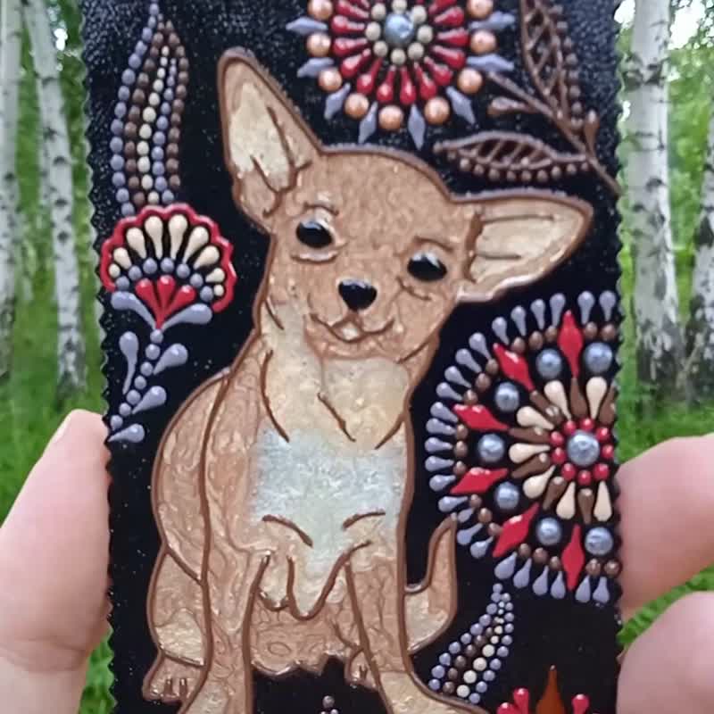 Personalized leather bookmark, Hand painted bookmark, Dog bookmark, Chihuahua - 书签 - 真皮 多色