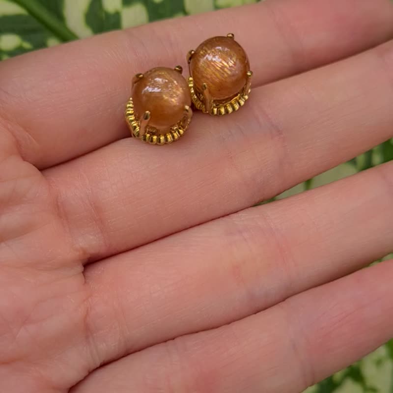 天然金色日光石银饰镀金耳钉 - 耳环/耳夹 - 宝石 金色