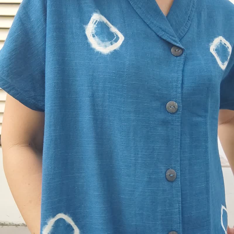 Chelsea Bubble Dress - 扎染棉质领连身裙 - 洋装/连衣裙 - 棉．麻 蓝色
