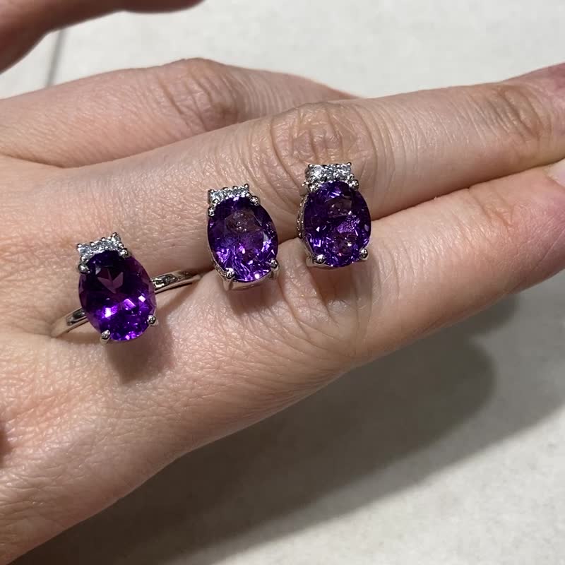 天然 紫水晶 饰品套组 印度制 925纯银 手工制 - 耳环/耳夹 - 水晶 紫色