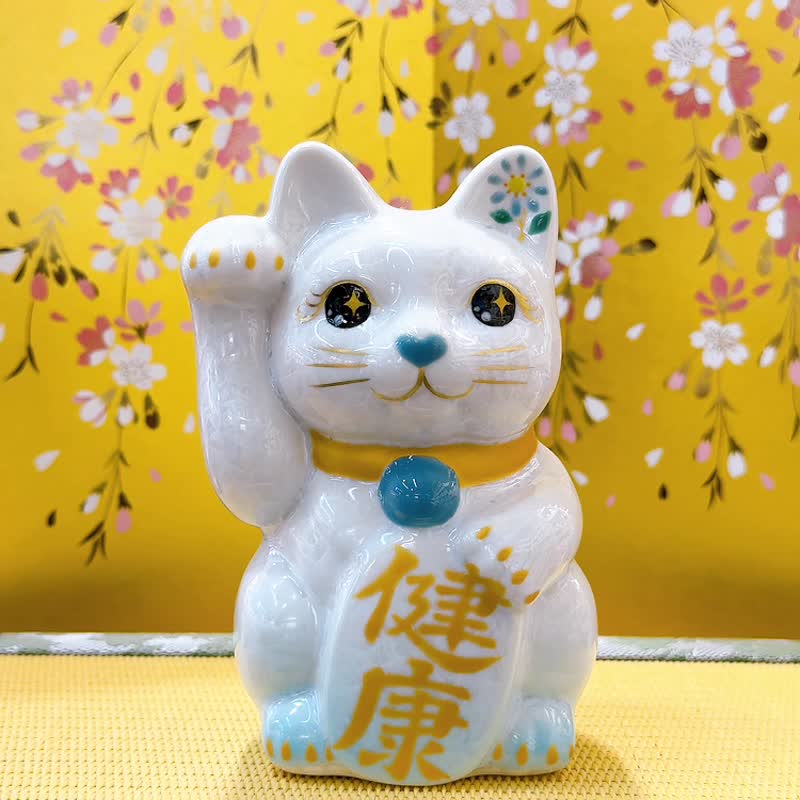 【水喵祈康】日本清水烧招财猫 | 花结晶 水白 - 健康 右 - 摆饰 - 瓷 白色