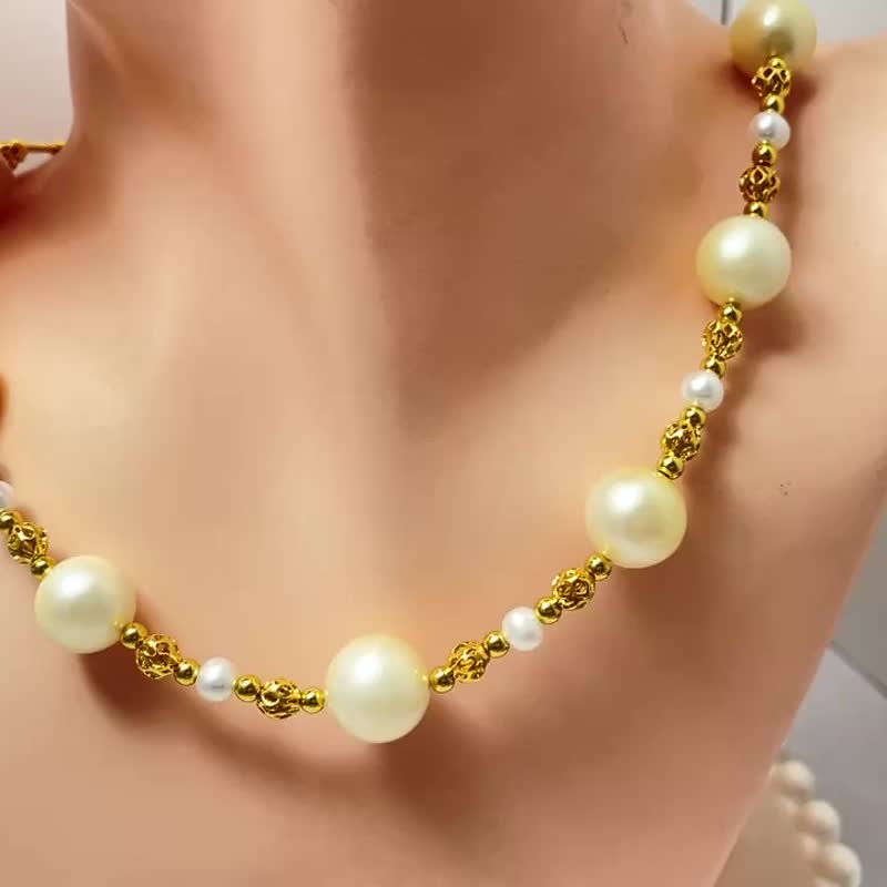 金色光芒 天然海水珍珠 菲律宾金珠 香槟金色 纯银 项链/毛衣链 - 项链 - 珍珠 金色