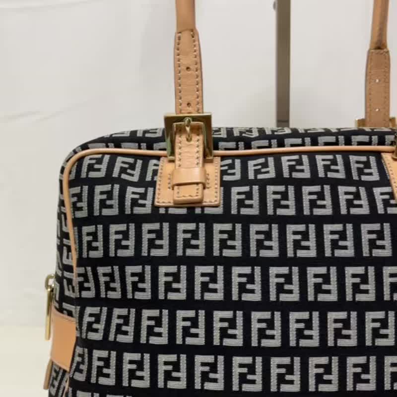 正品 FENDI 芬迪 手提包 迷你波士顿包 经典FF图纹 帆布 皮革 黑色 米色 8BN005 中古 - 手提包/手提袋 - 其他材质 黑色